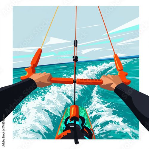 First Person View of Kitesurfing on Ocean Waves Vector Illustration