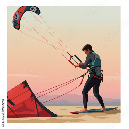 Man Kitesurfing on Beach at Sunset Vector Illustration
