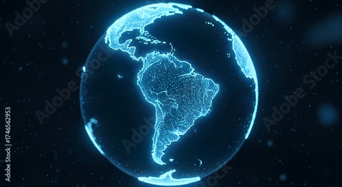 Digital Globe - Latin America Map - Blue Neon Earth Sphere - Technology Concept