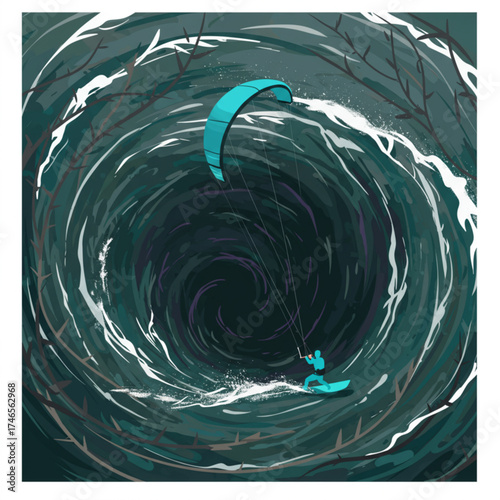 Kitesurfer Riding Through Giant Ocean Vortex Vector Illustration