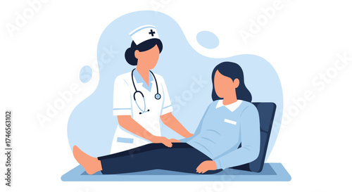 A caring nurse provides medical assistance to a patient, offering support and comfort during a healthcare examination in a clinic setting.