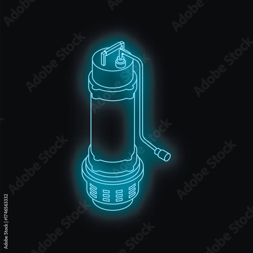 Futuristic neon blue well water pump glowing on a dark background, ideal for industrial and technological concepts