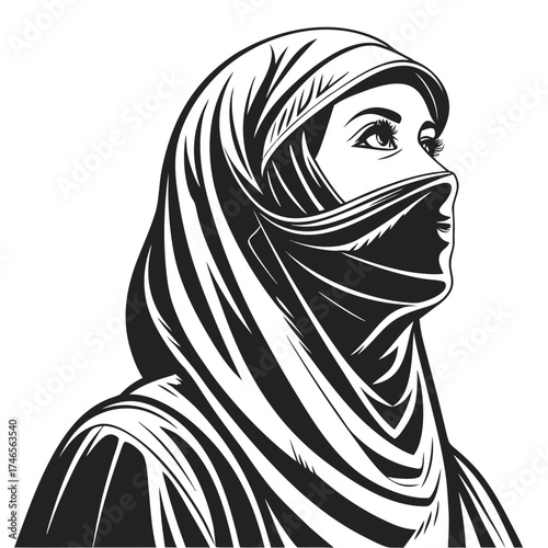 Striking monochrome portrait of a veiled woman, conveying mystery and elegance, perfect for fashion, cultural, or design projects, a modern artistic statement piece