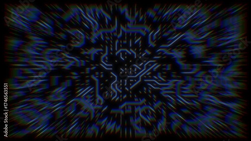 Technological portal. Glowing circuit lines forming a digital wormhole.