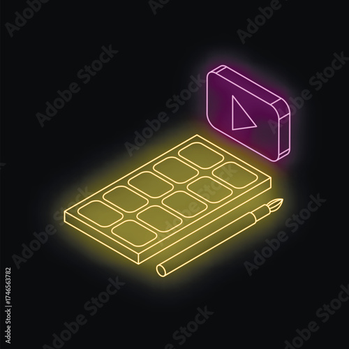 Isometric neon style illustration representing a painting tutorial video with play button, paintbrush and palette, perfect for online courses, art school or creative content