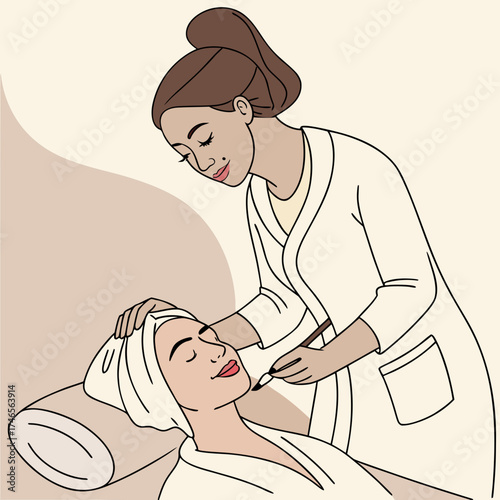 Relaxing beauty treatment with esthetician applying facial makeup, feel the tranquility and enjoy the pampering session in a luxurious spa, modern beauty concept