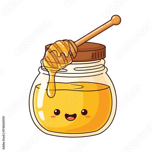 A cute kawaii honey jar with a smiling face and a wooden dipper dripping sweet golden nectar. This is a charming and sweet food illustration isolated on a white background