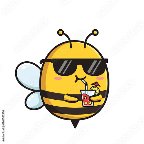A cute cartoon bee wearing sunglasses enjoys a refreshing summer drink with a straw and lemon.