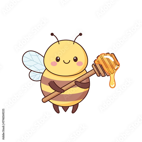 A cute and happy cartoon bee holding a wooden honey dipper with dripping honey, isolated on a white background.