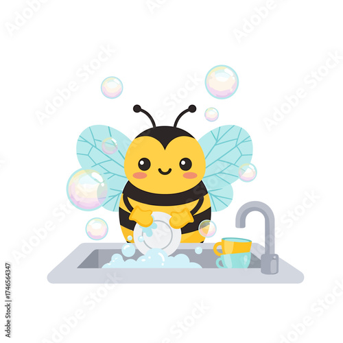 Cute cartoon bee washing dishes in a kitchen sink with soap bubbles, a charming and cheerful illustration.