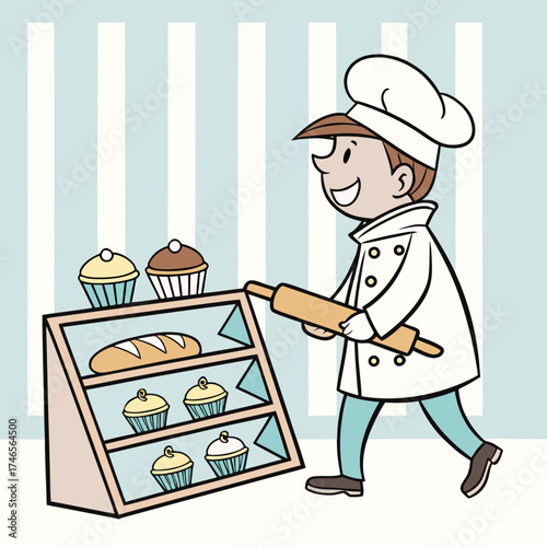 Cheerful cartoon baker with rolling pin ready to bake delicious bread and cupcakes, bakery display case filled with treats, sweet shop fun, baking time, chef lifestyle