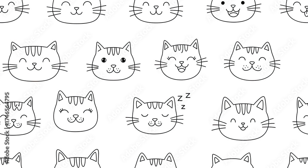 Naklejka premium Seamless Pattern of Cute Hand Drawn Doodle Cat Faces with Expressive Eyes and Whiskers on a Clean White Background Ideal for Children's Stationery