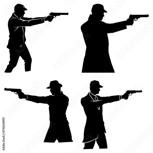 Silhouettes of men in hats and suits aiming pistols in various poses against a white background design element