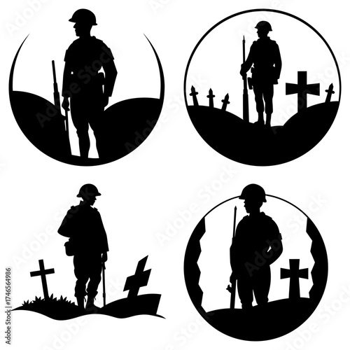 Silhouetted soldiers with rifles standing guard over graves in a memorial tribute design collection