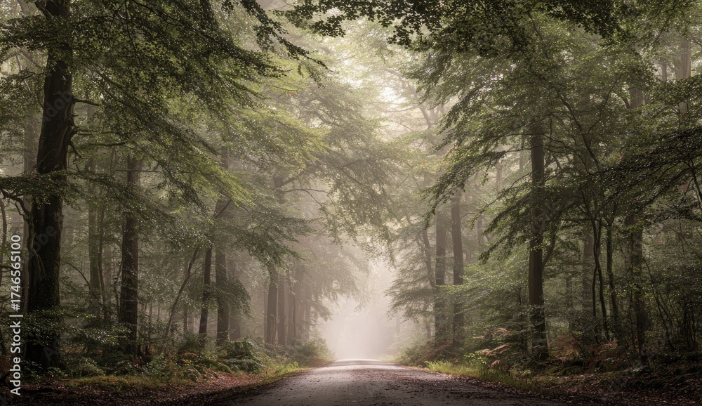 Fototapeta premium Foggy road through lush green trees, light at the end
