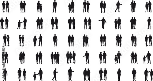 Collection of black silhouette people in pairs and groups, walking, talking, family, friends, men and women poses, isolated on white, vector illustration set
