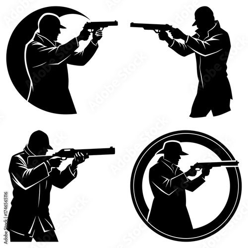 Silhouette illustrations of men in hats and coats aiming firearms in various poses and compositions