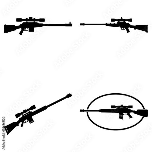 Four sniper rifles with scopes in silhouette on a white background in various orientations and styles
