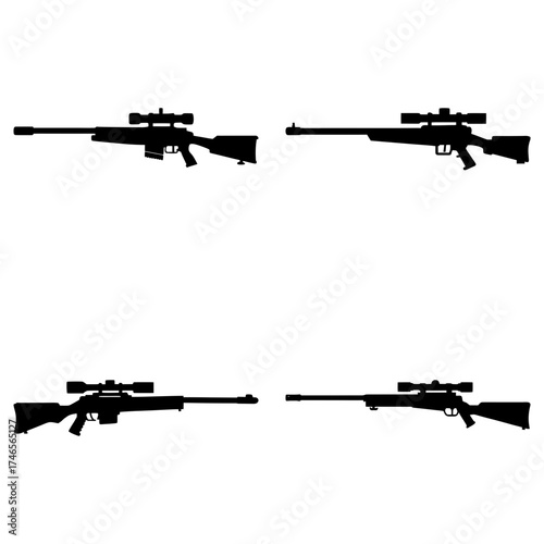 Four sniper rifles with scopes in black silhouette on a white background in a square arrangement