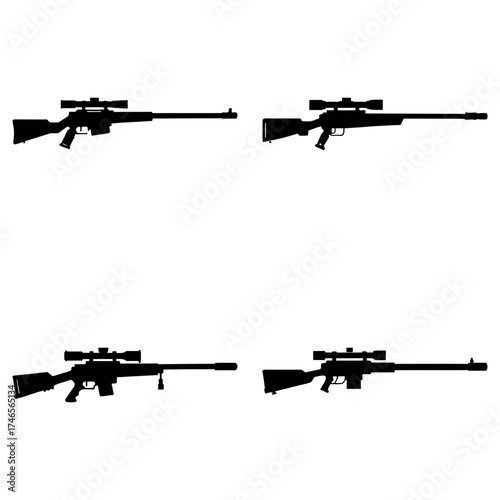 Four black silhouettes of sniper rifles with scopes arranged on a white background in a square format