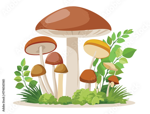 Wild Collection of Brown and Yellow Mushrooms Nestled Among Green Plants on Earth