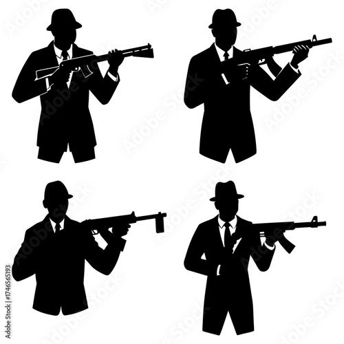 Silhouette illustrations of gangsters in suits and fedoras holding tommy guns in various poses