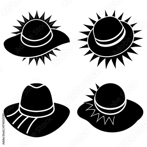 Four black and white silhouette images of fashionable sun hats with decorative elements and wide brims