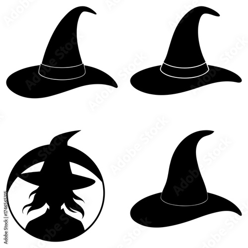 Silhouette illustration featuring four distinct witch hats and a witch in a circle frame design