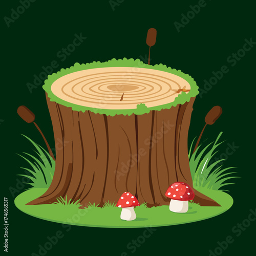 Mushroom Plants Tree Stump Surrounded by Small Spotted Fungi and Tall Reeds