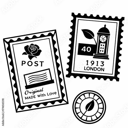Black and white vintage postage stamps featuring a rose clock tower and leaf design for postal history enthusiasts and stamp collectors alike