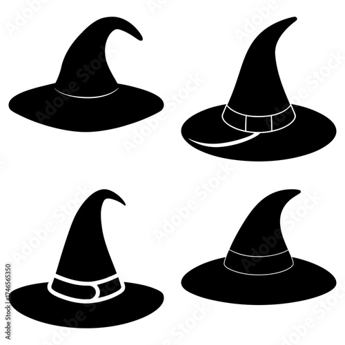 Four black witch hats with pointed tops and wide brims for halloween costumes and party decorations use