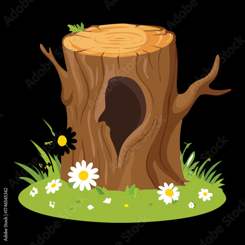Old Forest Plants Dark Tree Stump with a Hollow Hole and White Daisy Flowers