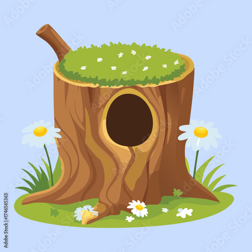 Fairy Plants Small Tree Stump with a Hole and Clovers Under a Bright Blue Sky