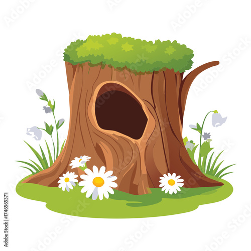 Hollow Plants Cute Tree Stump House with a Hole Surrounded by Daisies and Moss