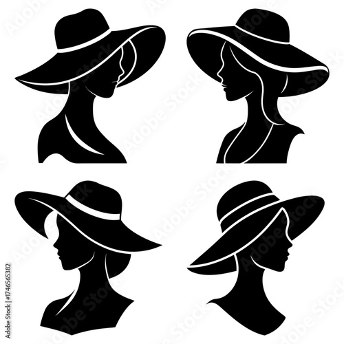 Four elegant woman silhouettes wearing wide brimmed hats in a stylish black and white vector design