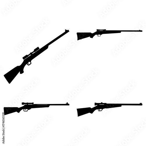 Four silhouette images of rifles with scopes in various orientations on a white background display