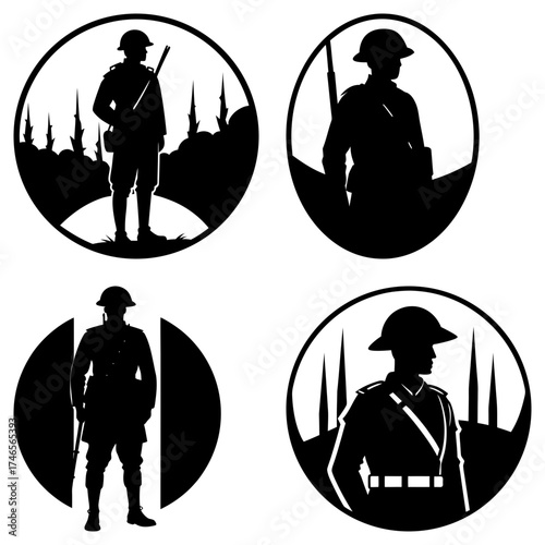 Silhouetted soldiers in various poses and settings within circular and oval frames in black and white style