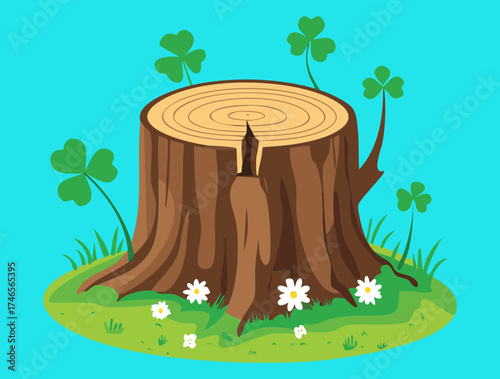Calm Plants Tree Stump with Clovers and Daisies on the Ground under Blue Sky