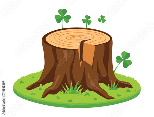 Lucky Plants Tree Stump with Clovers Growing on Top and Daisies on the Ground