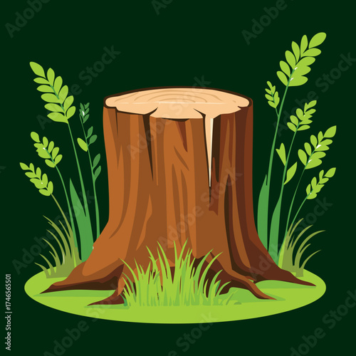 Shaded Plants Tree Stump with Tall Grass and Ferns Against a Dark Background