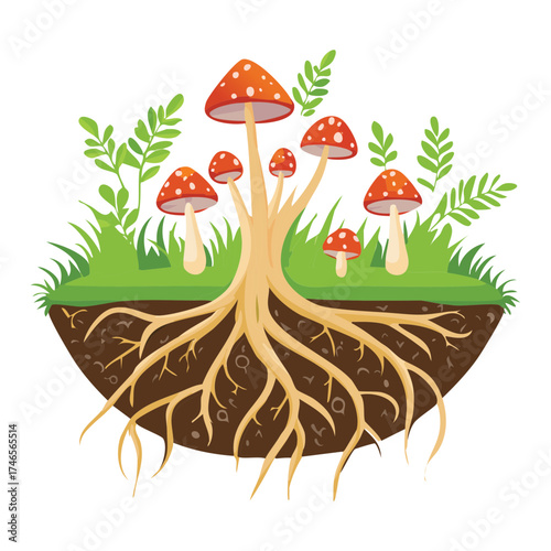 Growth Plants Red Spotted Mushrooms with Exposed Roots Under the Ground Surface