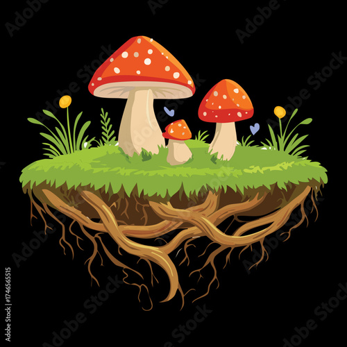 Magical Plants Toadstool Fungi Growing on a Floating Island of Earth and Roots