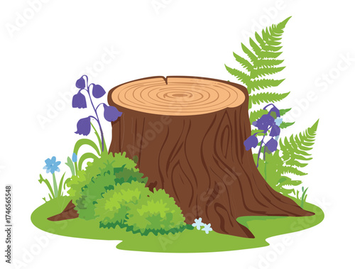 Wild Plants Tree Stump Surrounded by Bluebells Ferns and Green Forest Moss