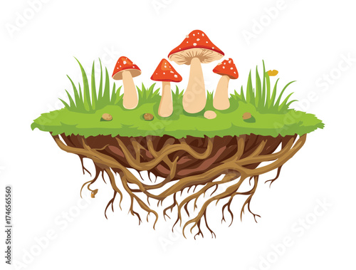 Fantasy Plants Floating Island of Mushrooms with Roots Exposed in the Air