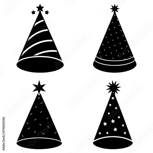 Illustration of four black party hats with different patterns and star toppers in a simple vector style