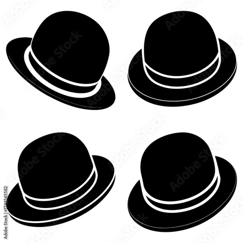 Four bowler hats arranged in a square pattern with white bands on a white background in a simple illustration