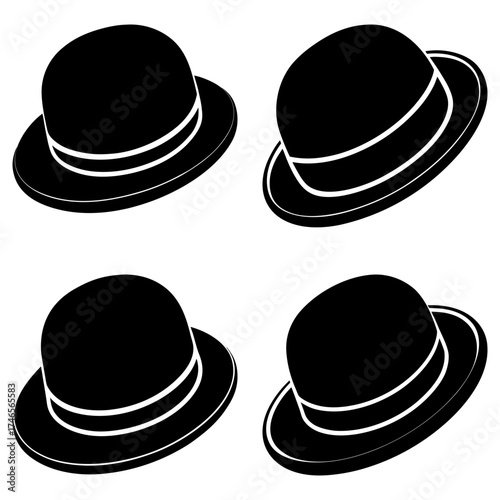 Four black bowler hats with white bands arranged in a square pattern on a white background image view