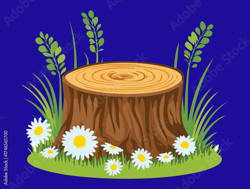 Nighttime Plants Wooden Tree Stump Surrounded by Daisies on a Dark Blue Background