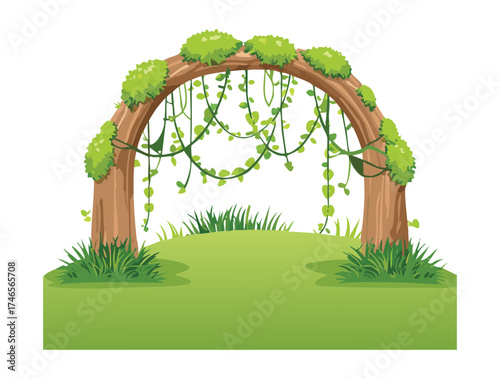 Decorative Plants Arch with Green Vines and Flowers on a Tree Trunk Background