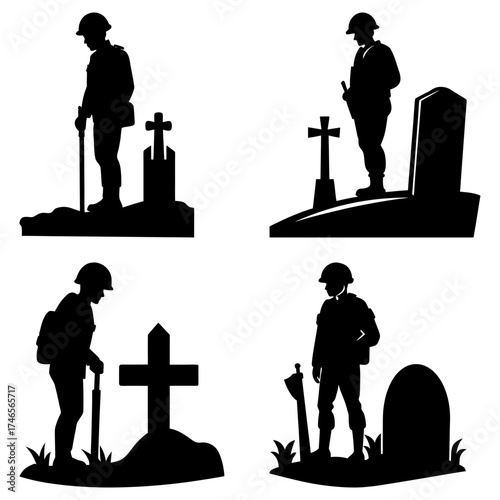 Silhouettes of soldiers paying respects at gravesites with crosses and tombstones in remembrance day